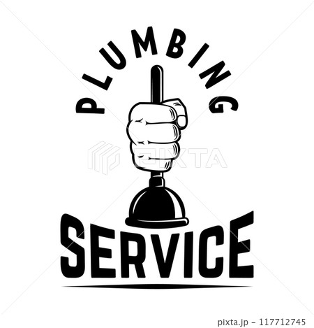 Plumbing service. Hand with plumbing plunger . Design element for logo, label, sign. Vector illustration 117712745