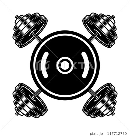 Illustration of crossed gym barbells in vintage monochrome style. Design element for logo, label, sign, emblem, poster. Vector illustration Illustration of crossed gym barbells in vintage monochrome style. Design element for logo, label, sign, emblem, poster. Vector illustration 117712780