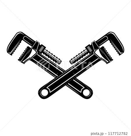 Crossed plumbing wrenches. Design element for logo, emblem, sign, poster, t shirt. Vector illustration 117712782