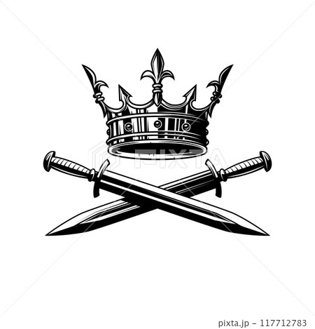 Illustration of king crown and crossed swords in monochrome style. Design element for logo, emblem, sign, poster, t shirt. Vector illustration 117712783