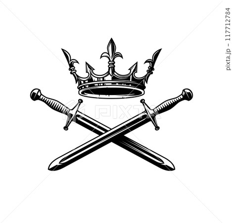 Illustration of king crown and crossed swords in monochrome style. Design element for logo, emblem, sign, poster, t shirt. Vector illustration Illustration of king crown and crossed swords in monochrome style. Design element for logo, emblem, sign, poster, t shirt. Vector illustration 117712784