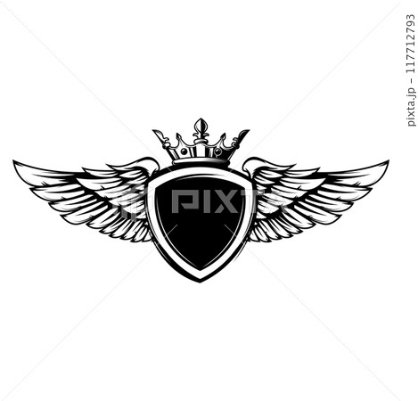 Emblem template with wings and crown. Design element for logo, label, sign, emblem. Vector illustration 117712793