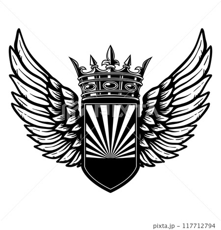 Emblem template with wings and crown. Design element for logo, label, sign, emblem. Vector illustration 117712794