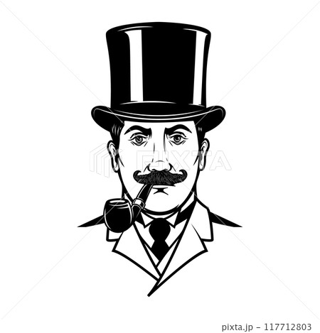 Gentleman with smoking pipe. Design element for logo, label, sign. Vector illustration 117712803