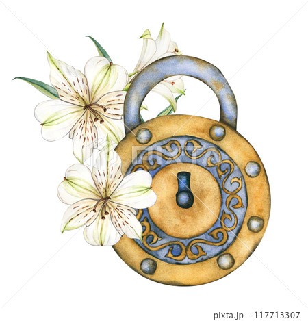 Old Lock with White flowers. Vintage Padlock isolated isolated on white background. Hand drawn Watercolor illustrations. Antique door lock in Retro style Old Lock with White flowers. Vintage Padlock isolated isolated on white background. Hand drawn Watercolor illustrations. Antique door lock in Retro style 117713307