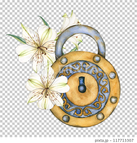 Old Lock with White flowers. Vintage Padlock isolated isolated on white background. Hand drawn Watercolor illustrations. Antique door lock in Retro style Old Lock with White flowers. Vintage Padlock isolated isolated on white background. Hand drawn Watercolor illustrations. Antique door lock in Retro style 117713307
