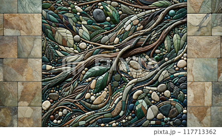 patterns of leaves, twisting branches, and scattered river stones in decorative mosaic on the stone wall 117713362