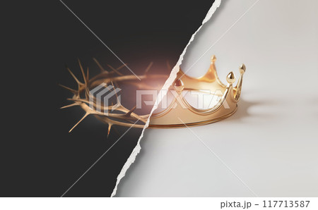 The reversal of the crown of thorns and the crown symbolizing suffering and trials, and the background of the Holy Week poster signifying the death and resurrection of Jesus 117713587