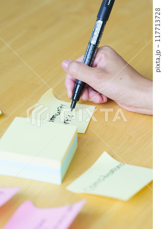 オフィスで課題を見える化する若い女性 117713728