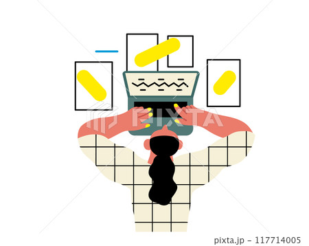 Creative workspace, modern flat vector concept illustration of a woman working laying down with a computer Remote work, flexibility, independence, efficiency, mobility, synergy, freedom 117714005