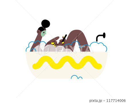 Creative workspace, modern flat vector concept illustration of a woman working sitting with a computer in a bath tube Remote work, flexibility, independence, efficiency, mobility, synergy, freedom 117714006