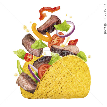 Mexican taco ingredients, corn tortilla wrap with falling beef meat and vegetables isolated on white background, full depth of field 117715134