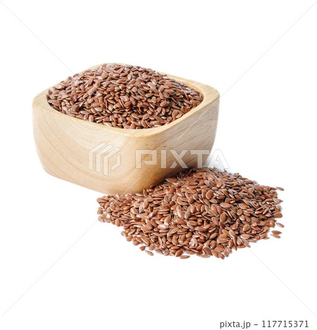 Flax seed in wooden bowls close up on white background. 117715371