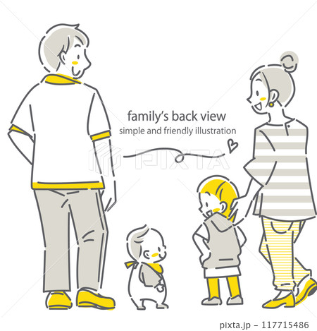 若い家族の後ろ姿　四人　シンプルでお洒落な線画イラスト 117715486