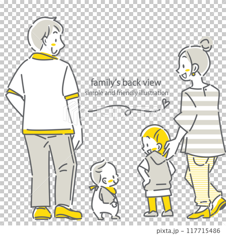 若い家族の後ろ姿　四人　シンプルでお洒落な線画イラスト 117715486