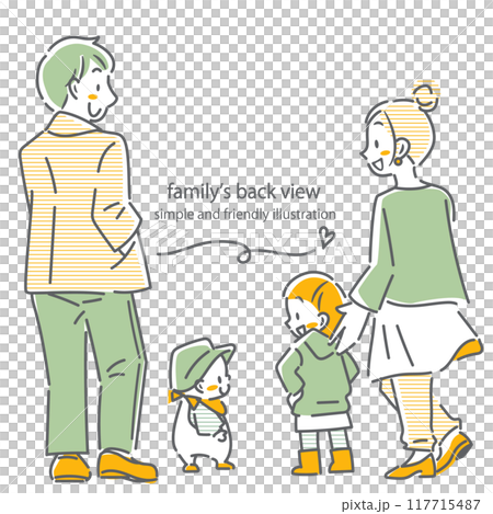 Back view of a young family of four people Simple and stylish line drawing illustration 117715487
