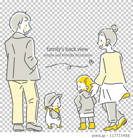 一個年輕四口之家的後視圖,簡單時尚的線條畫插圖 一個年輕四口之家的後視圖,簡單時尚的線條畫插圖 117715488