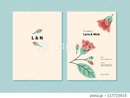 Floral wedding invitation card template design with red flowers on light background 117715633