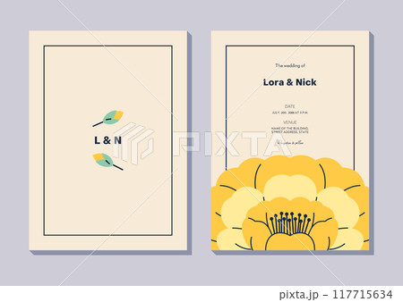 Floral wedding invitation card template design with yellow flower on light background Floral wedding invitation card template design with yellow flower on light background 117715634