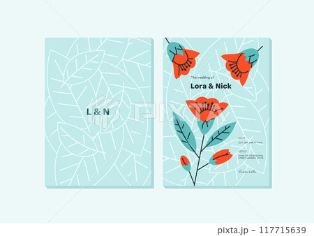 Floral wedding invitation card template design with red flowers on blue background Floral wedding invitation card template design with red flowers on blue background 117715639