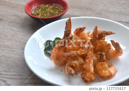 deep fried sea shrimp stuffed flour dipping chili sauce on plate deep fried sea shrimp stuffed flour dipping chili sauce on plate 117715817