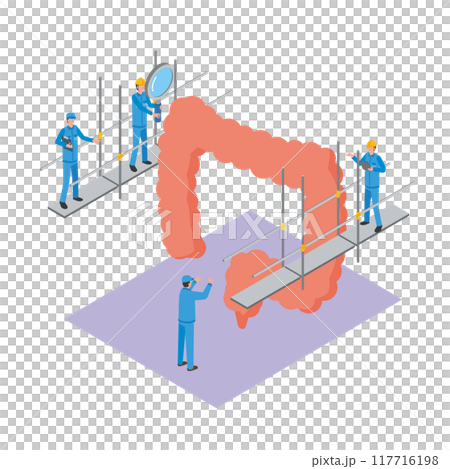 Illustration of a worker performing maintenance on the large intestine Illustration of a worker performing maintenance on the large intestine 117716198