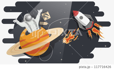 An astronaut climbs out of the bowels of the planet with rings on the background of space and UFOs flat childrens doodles 117716426