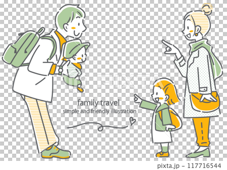 秋のお出かけを楽しむ4人家族 シンプルでお洒落な線画イラスト 秋のお出かけを楽しむ4人家族 シンプルでお洒落な線画イラスト 117716544