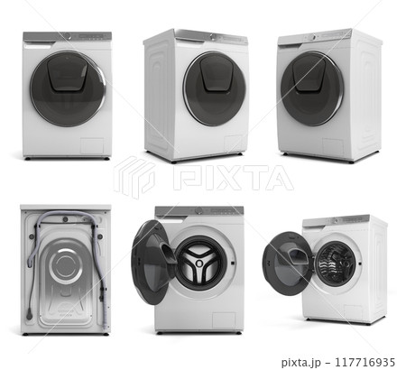 set of new modern Washing machine  3D render on white 117716935
