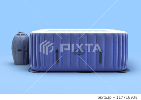 New open blue portable outdoor swimming pool right view 3d render on blue New open blue portable outdoor swimming pool right view 3d render on blue 117716938
