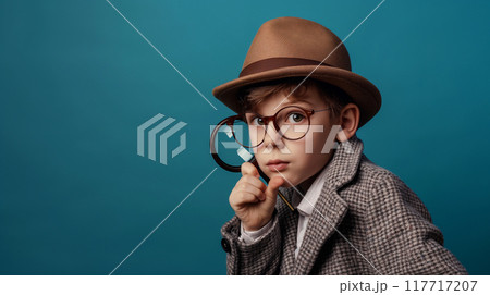 虫眼鏡を持ち探偵のマネをする眼鏡の少年 117717207