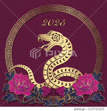 Happy Chinese new year of snake golden purple relief peony flower and lattice frame Happy Chinese new year of snake golden purple relief peony flower and lattice frame 117717237