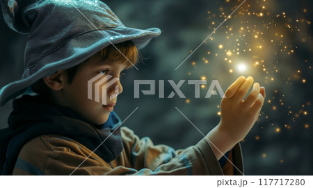 とんがり帽子を被った少年が発光する光を手に取る様子の背景素材 117717280