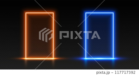 Neon doors, orange and blue glowing portals, futuristic gates, magic LED frames. Neon doors, orange and blue glowing portals, futuristic gates, magic LED frames. 117717392