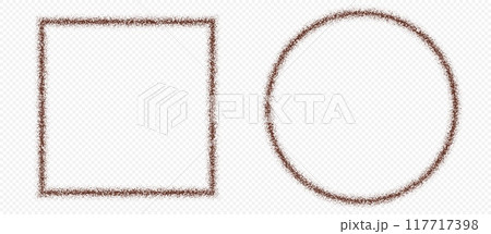 Coffee frame, chocolate border, ground arabica powder in heart and star shapes. 117717398