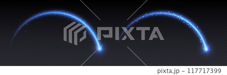 Shooting star light effect, magic arch with sparkles, glowing meteor with trail, shiny star in motion. 117717399