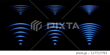 WiFi light effect, sound wave icons, radar signal concept. Blue wireless network glowing element 117717763