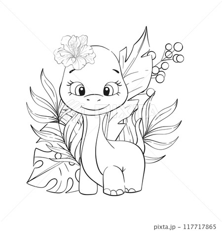 Vector baby dinosaur. Diplodocus with palm leaves, Clipart for baby shower, nursery, decor, stickers, prints with historical animals. Jurassic period. Black silhouette for circuit 117717865