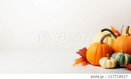 Multicolored Pumpkins and Autumn Leaves on White Background 117718017