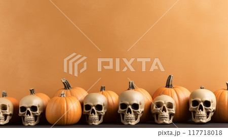 Halloween Skulls and Pumpkins on Orange Background 117718018