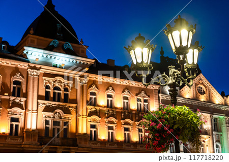 Vintage street iron lamp in the center of Novi sad in Serbia at night 117718220