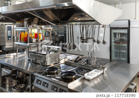 Professional kitchen in restaurant. Modern equipment and devices. Empty kitchen 117718390