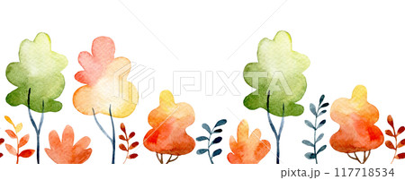 cute autumn seamless border with trees. watercolor frame with forest, autumn leaves and bushes cute autumn seamless border with trees. watercolor frame with forest, autumn leaves and bushes 117718534
