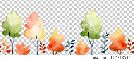 cute autumn seamless border with trees. watercolor frame with forest, autumn leaves and bushes cute autumn seamless border with trees. watercolor frame with forest, autumn leaves and bushes 117718534