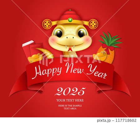 Chinese new year of cute cartoon snake ribbon template and pineapple golden ingot coin red envelope 117718602