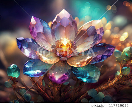 色とりどりの宝石でできた光り輝く透明感のある花のイラスト 117719033