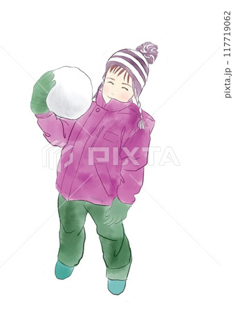 大きな雪だまを持つ男の子のイラスト 117719062