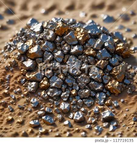 Close up view of a pile of silver and gold ore mixed with quartz sand. 117719135