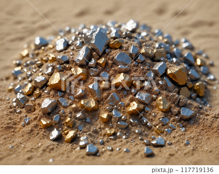 Close up view of a pile of silver and gold ore mixed with quartz sand. Close up view of a pile of silver and gold ore mixed with quartz sand. 117719136