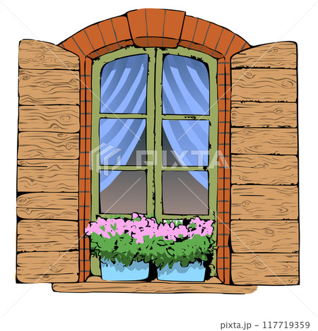 beautiful window with shutters and brick edging, decorated with potted flowers. Vector illustration beautiful wooden shutters olive frame windows. blue gabines curtains in the window. On the 117719359